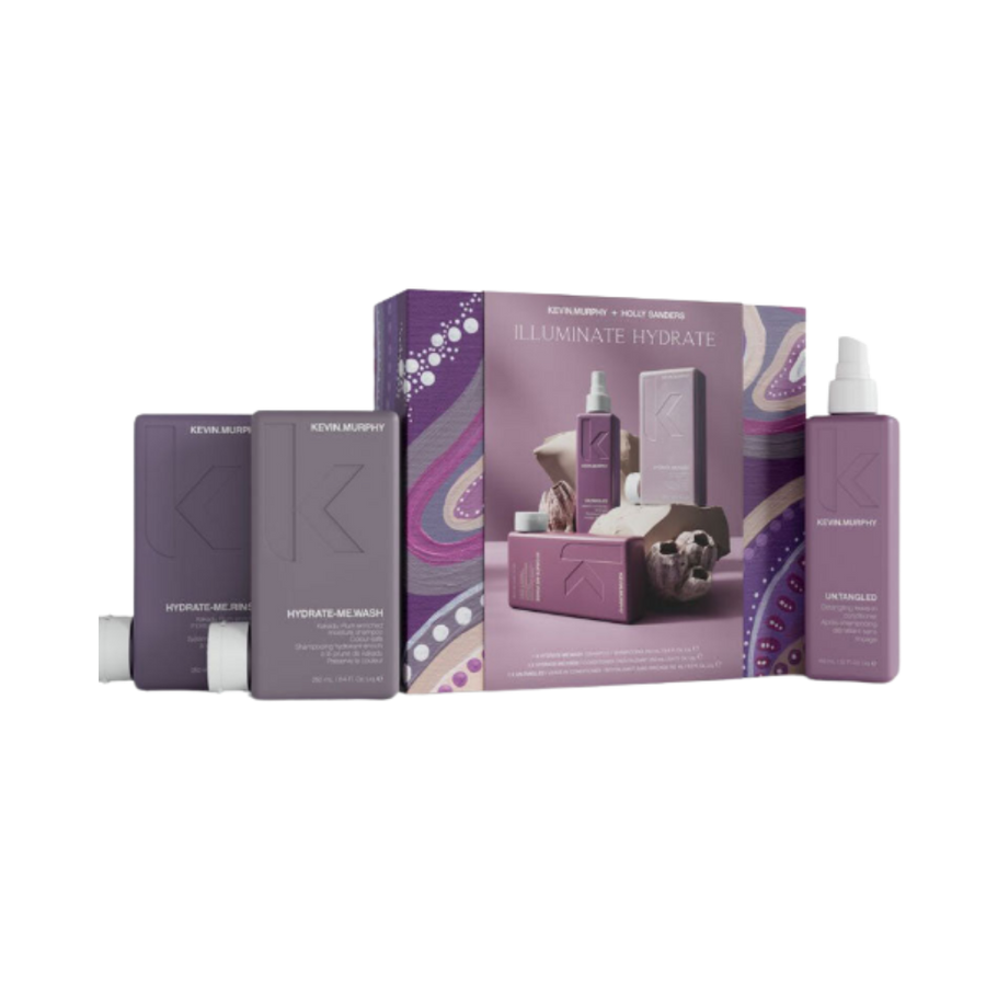 Kevin Murphy Hydrate Illuminate set with shampoo, rinse, and untangled spray, purple packaging gift box.