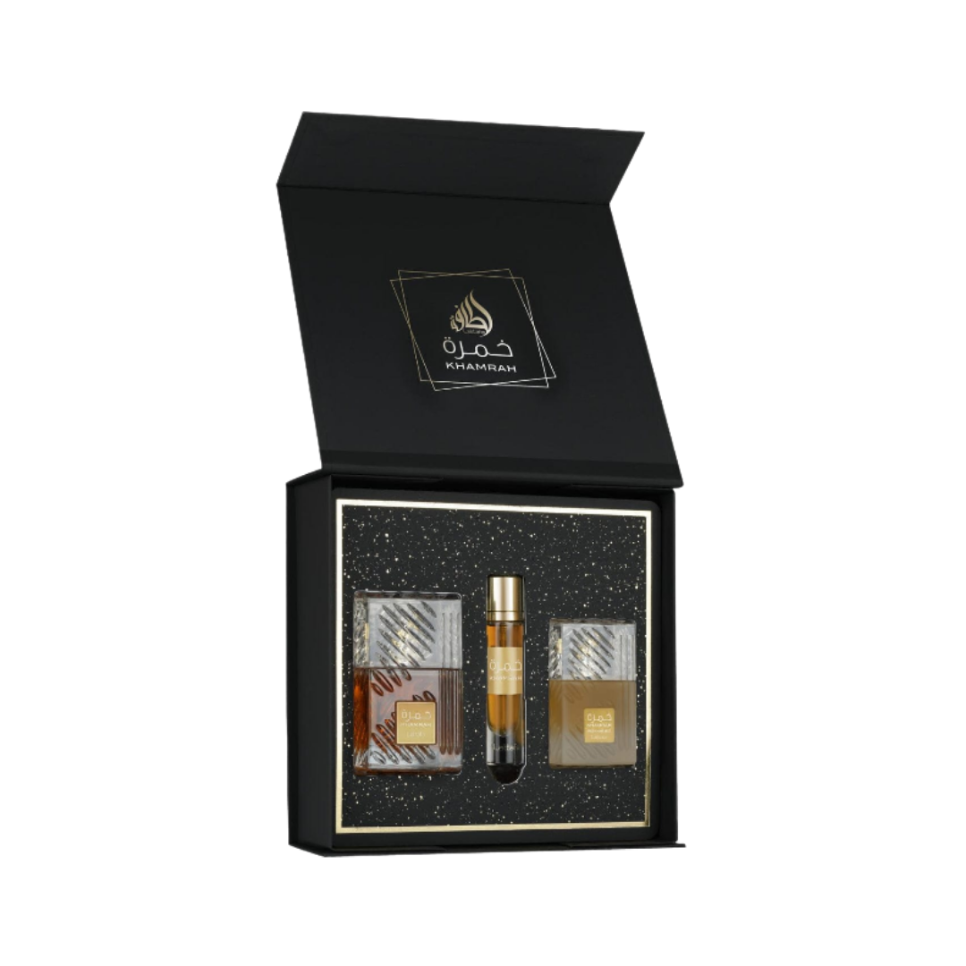 Khamrah fragrance set, includes two bottles of perfume and a roll-on, all neatly packaged in a black luxury box.