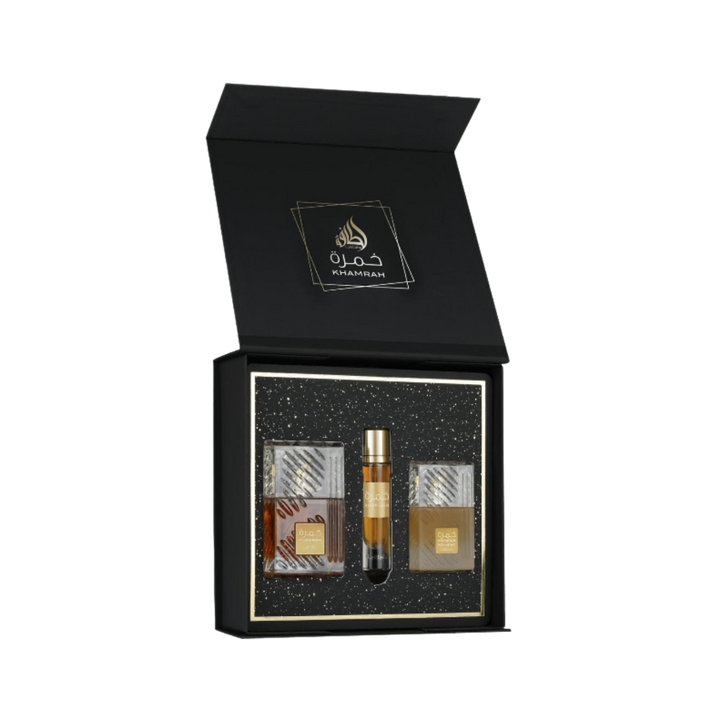 Khamrah fragrance set, includes two bottles of perfume and a roll-on, all neatly packaged in a black luxury box.