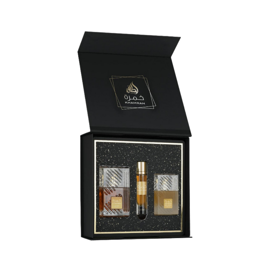 Khamrah fragrance set, includes two bottles of perfume and a roll-on, all neatly packaged in a black luxury box.