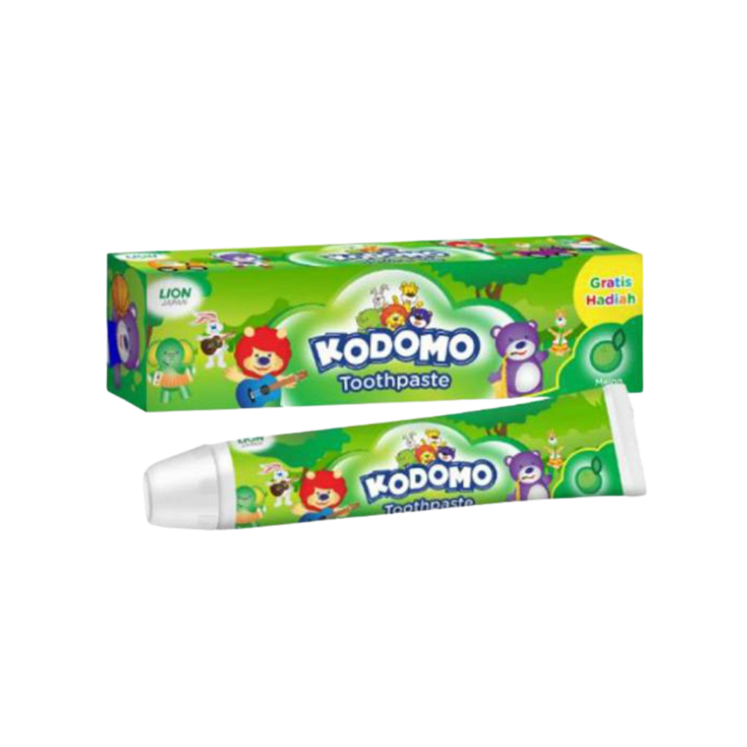 Kodomo Lion children’s toothpaste, melon flavor, green cartoon packaging, tube and box set.