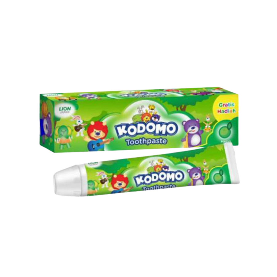 Kodomo Lion children’s toothpaste, melon flavor, green cartoon packaging, tube and box set.