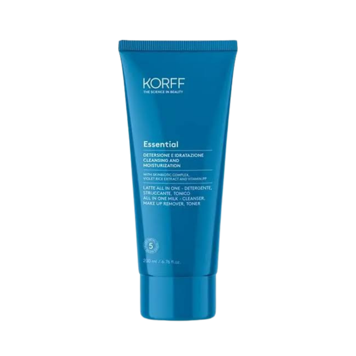 Korff Essential All-in-One cleansing milk, 250ml, blue squeeze tube with matching flip-top cap and white lettering