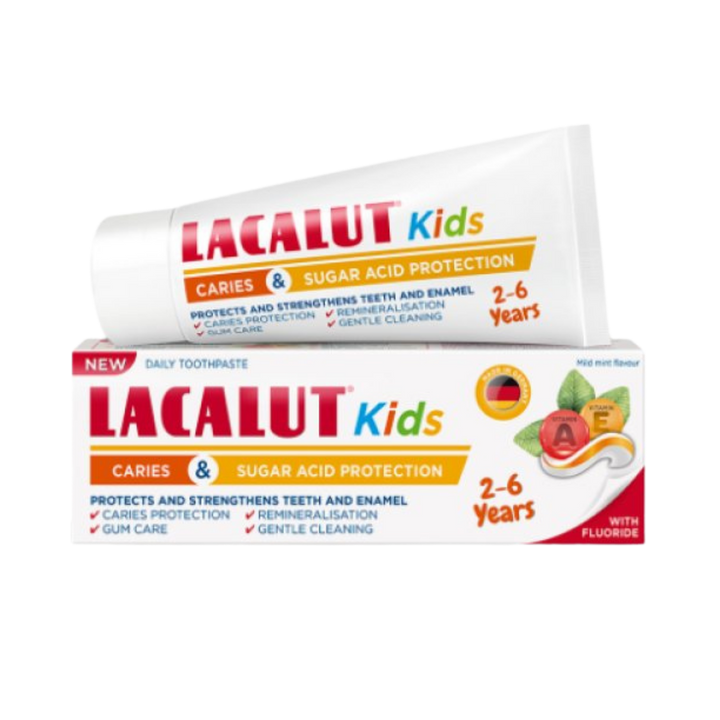Lacalut Kids toothpaste for ages 2–6, caries and sugar acid protection, fluoride formula, tube and box packaging