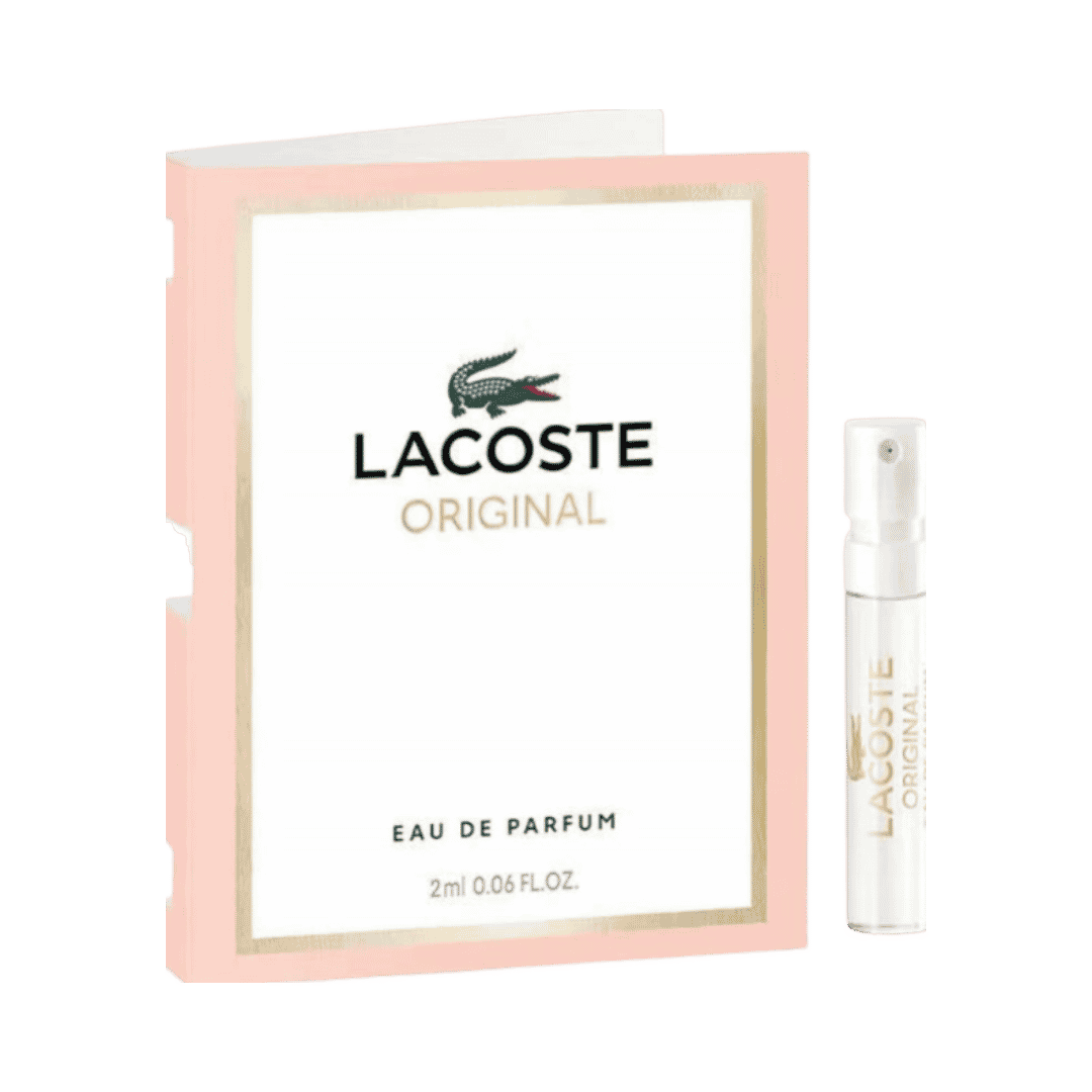 Lacoste Original Eau de Parfum, small 2ml spray vial next to pink and white packaging card, printed branding visible, 550x632px