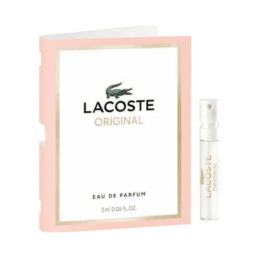 Lacoste Original Eau de Parfum, small 2ml spray vial next to pink and white packaging card, printed branding visible, 550x632px