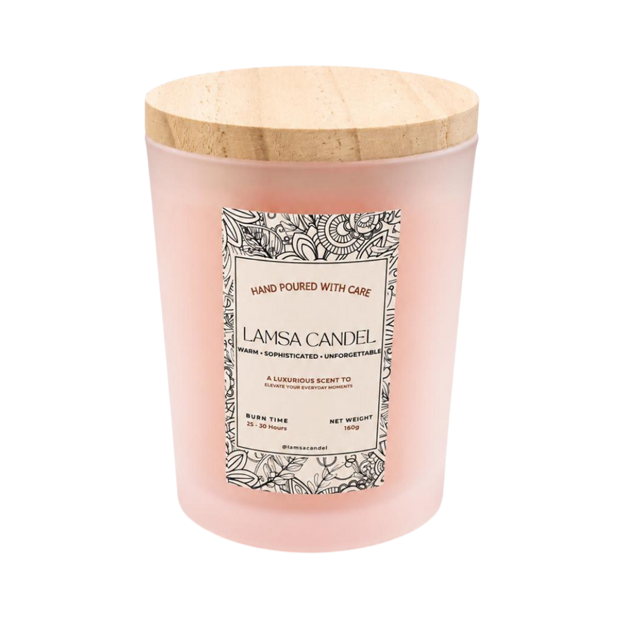 LAMSA Lady Scented Candle 160g pink glass jar with wooden lid and floral label