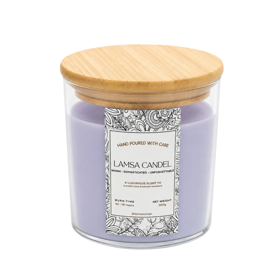 LAMSA Musk and Berry Scented Candle 500g glass jar with wooden lid and floral label