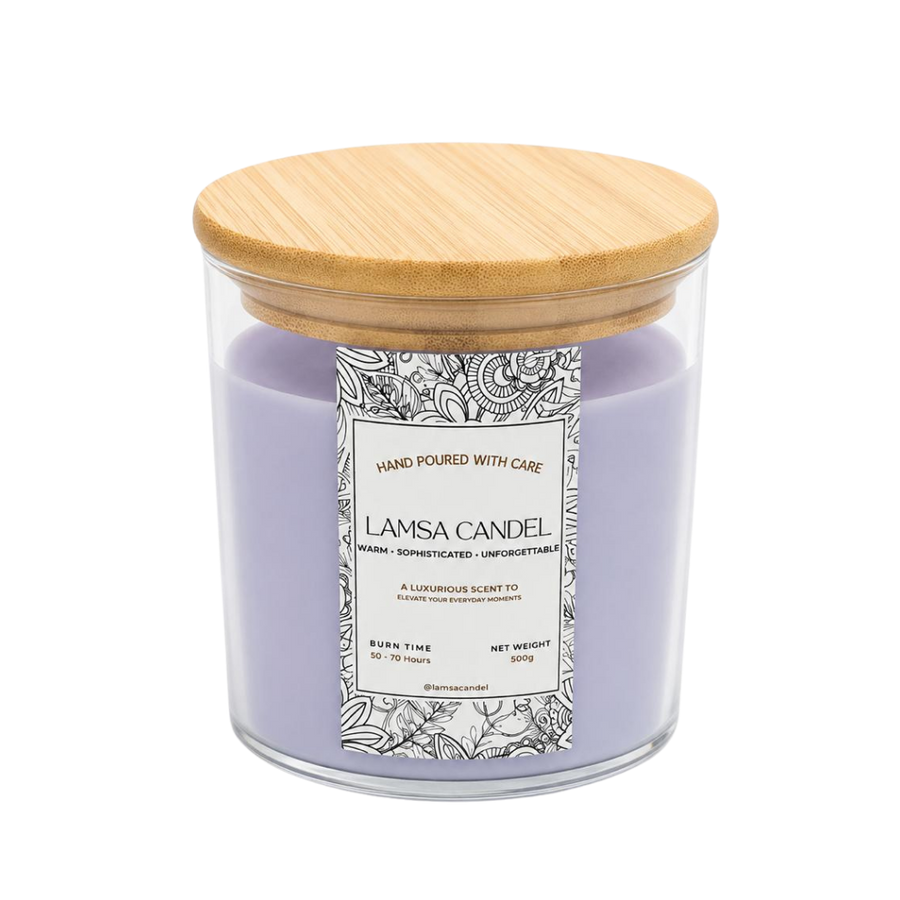 LAMSA Musk and Berry Scented Candle 500g glass jar with wooden lid and floral label