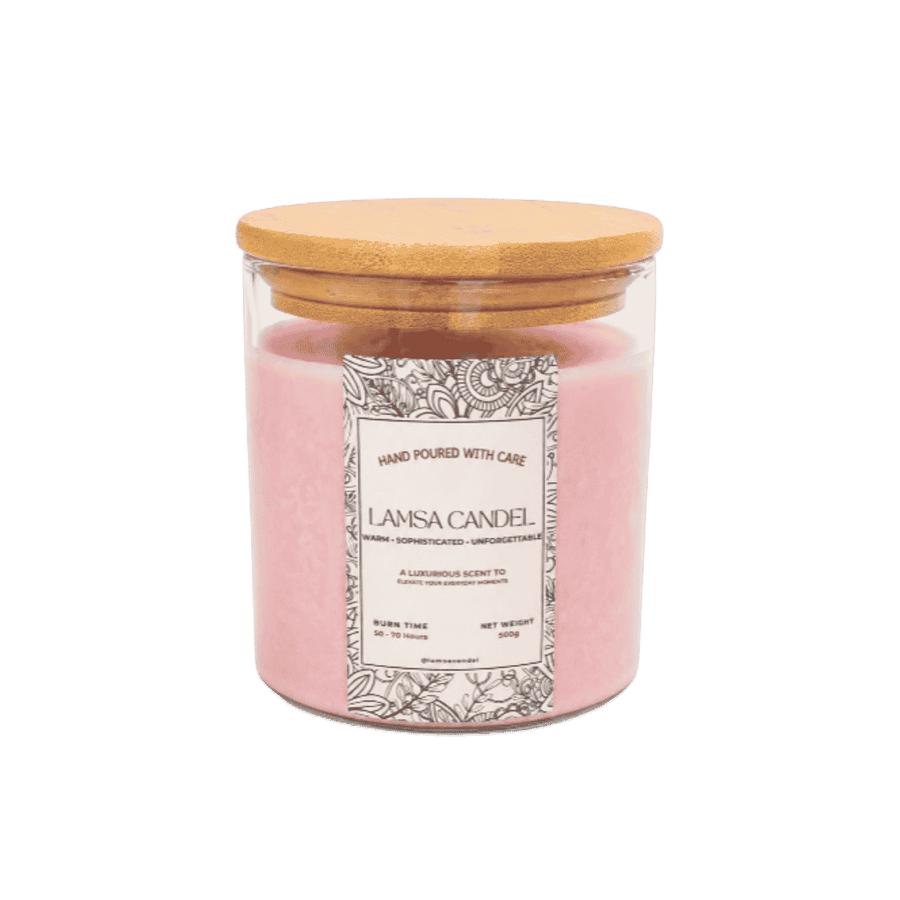 LAMSA Candle pink scented candle in clear glass jar with wooden lid and white label