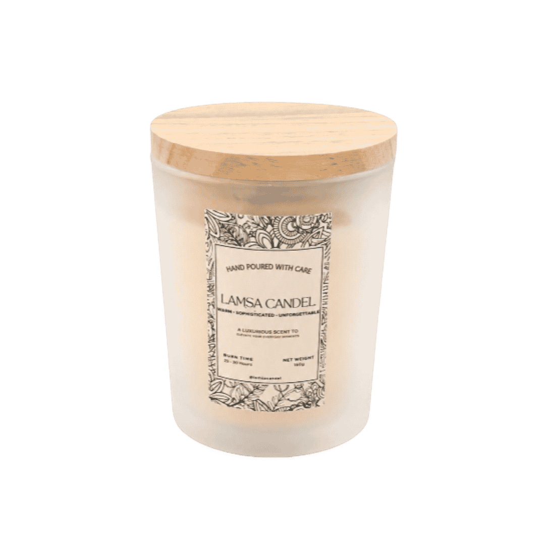 LAMSA Candle white scented candle in frosted glass jar with wooden lid and decorative label