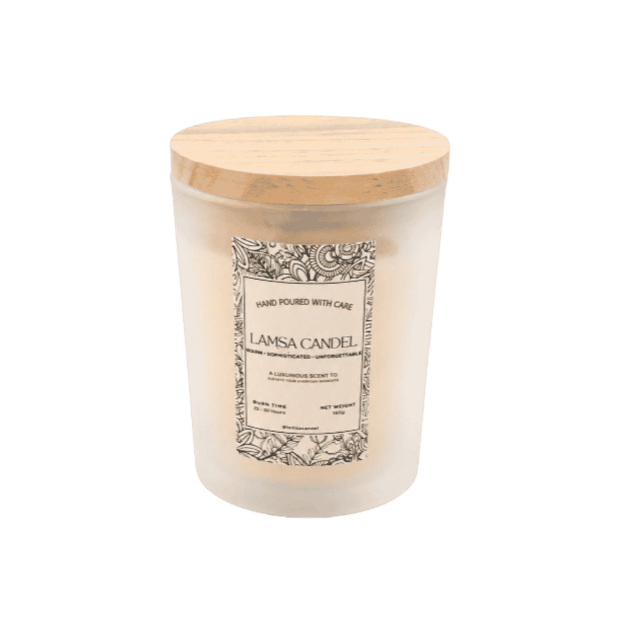 LAMSA Candle white scented candle in frosted glass jar with wooden lid and decorative label