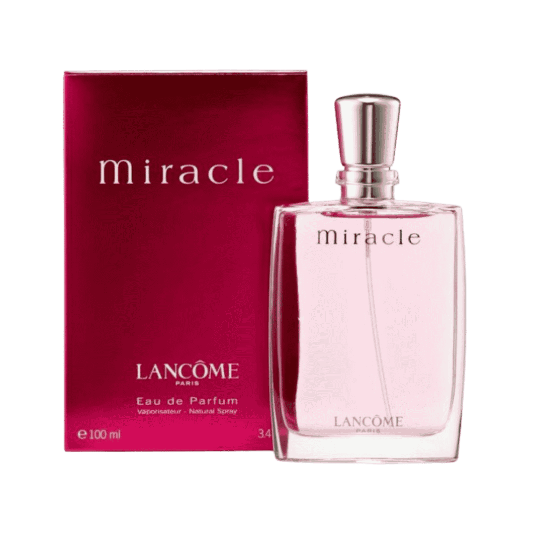 Lancôme Miracle Eau de Parfum, pink liquid in clear rectangular glass bottle, silver cap, pink box packaging, 100ml visible branding