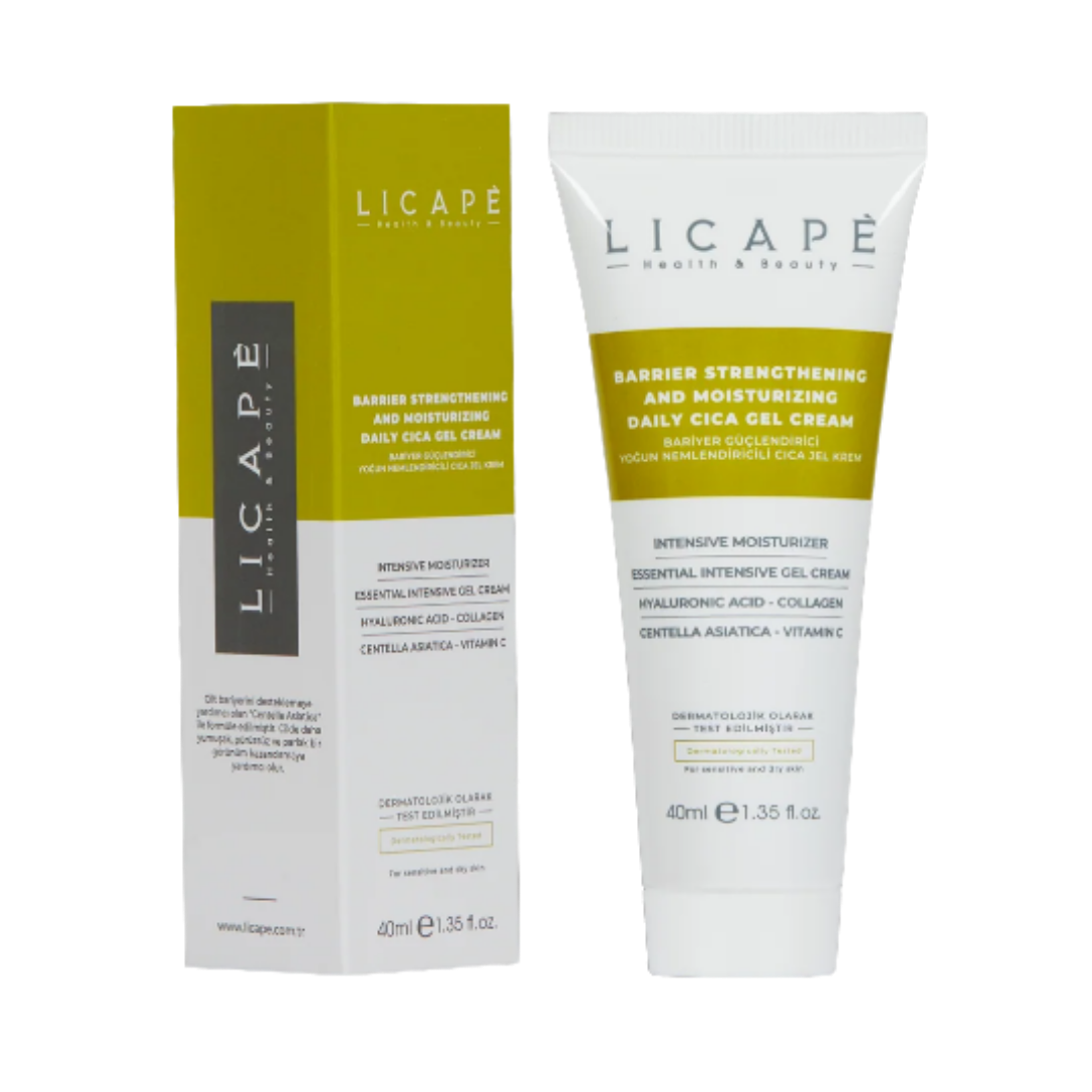 LICAPE Barrier Strengthening Cica Gel Cream, 40 ml white tube with olive-green carton.
