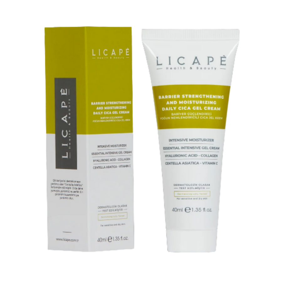 LICAPE Barrier Strengthening Cica Gel Cream, 40 ml white tube with olive-green carton.