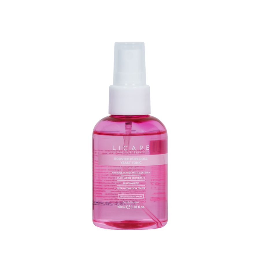 LICAPE Boosted Pure Rose Yeast Tonic, 100ml, in a pink transparent spray bottle with white pump.