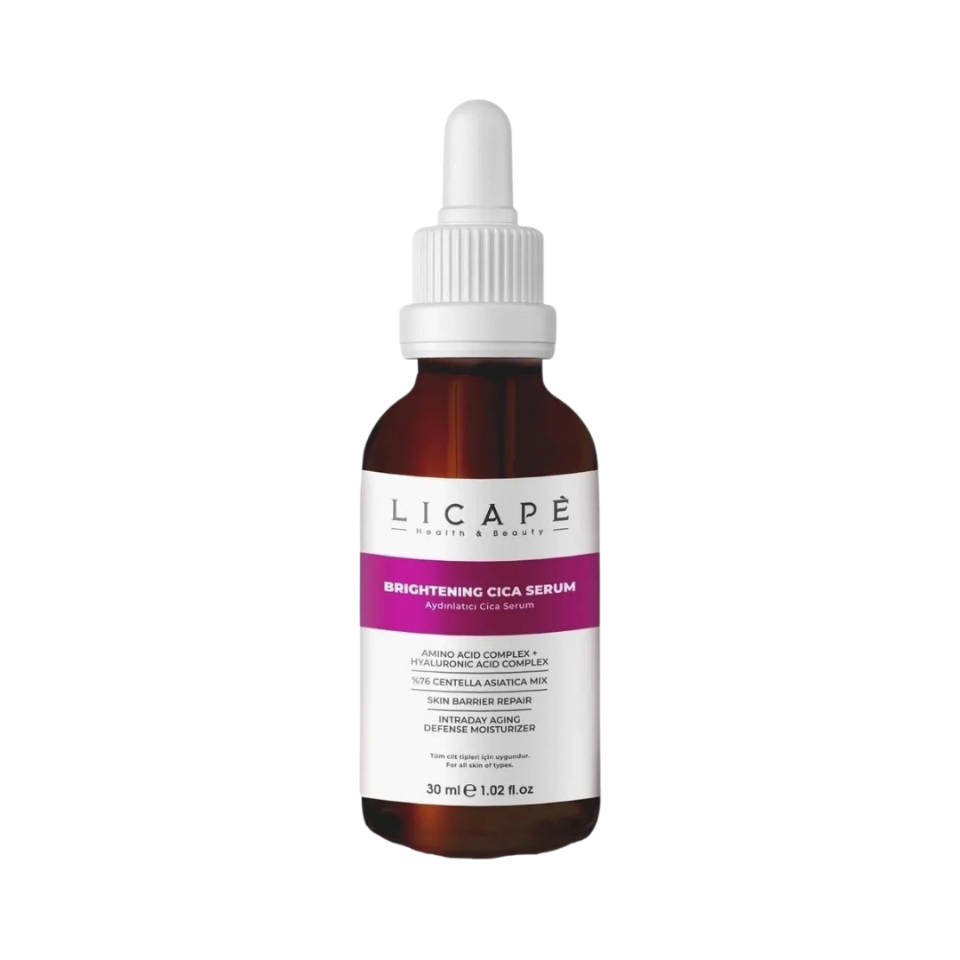 LICAPE Brightening Cica Serum, 30ml, in an amber glass dropper bottle with white label and purple band
