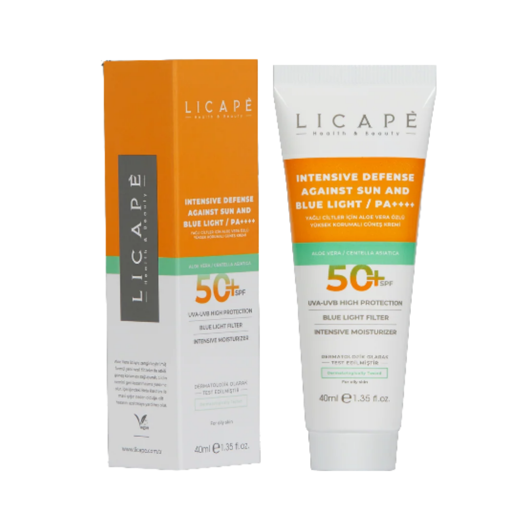 LICAPE Intensive Defense SPF 50+ sunscreen, 40 ml white-and-orange tube with matching carton.