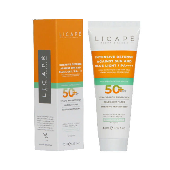 LICAPE Intensive Defense SPF 50+ sunscreen, 40 ml white-and-orange tube with matching carton.