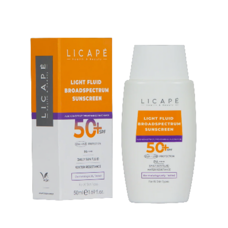 LICAPE Light Fluid Broad Spectrum SPF 50+ sunscreen, 50 ml white bottle with orange carton.
