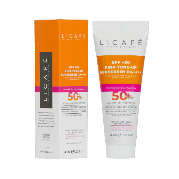 LICAPE Pink Tone-Up Sunscreen SPF 50+, 40 ml white tube with orange-pink carton and white cap.