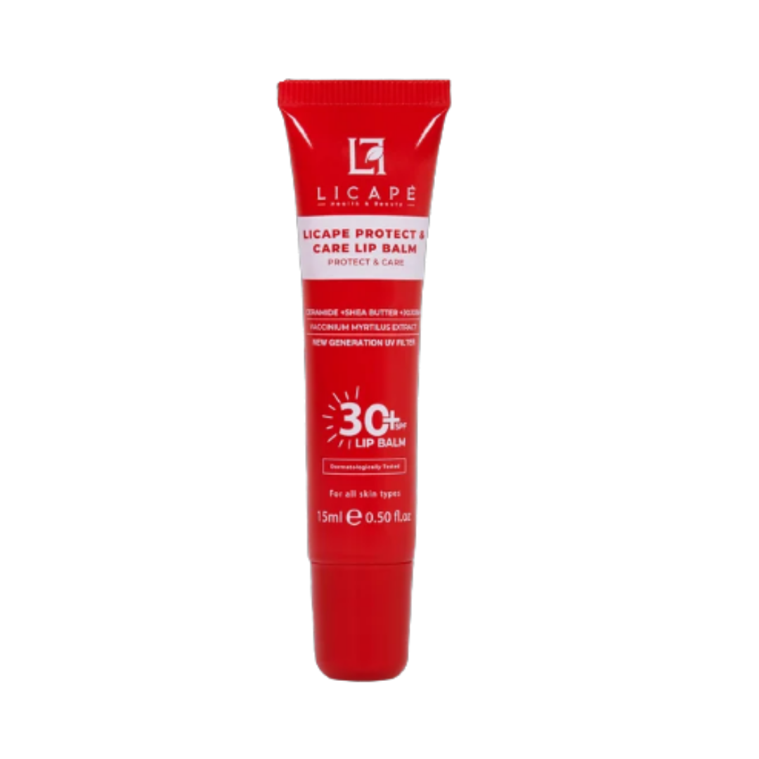 LICAPE Protect & Care SPF 30 lip balm, 15 ml red squeeze tube with matching cap.