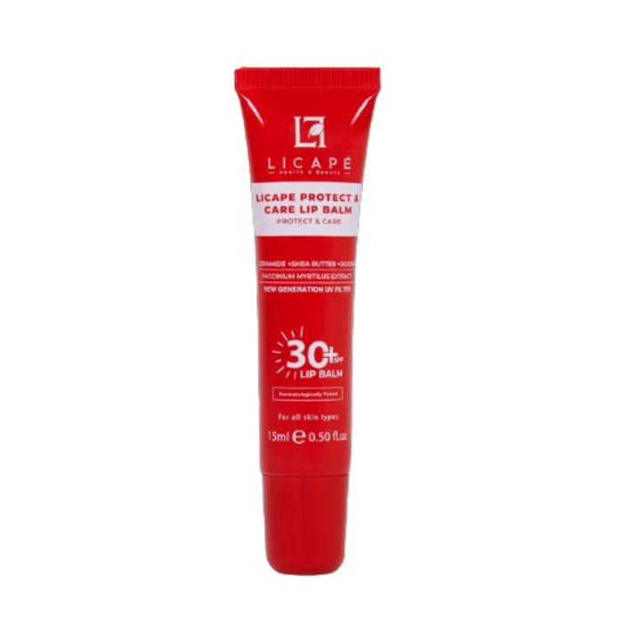 LICAPE Protect & Care SPF 30 lip balm, 15 ml red squeeze tube with matching cap.
