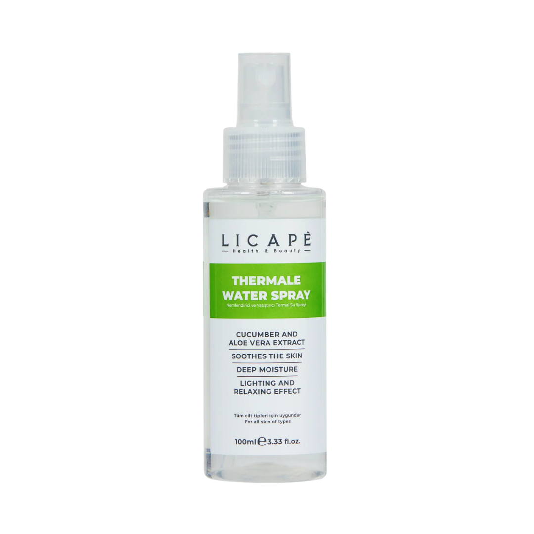 LICAPE thermal water spray with cucumber and aloe vera, 100ml, in a clear spray bottle.