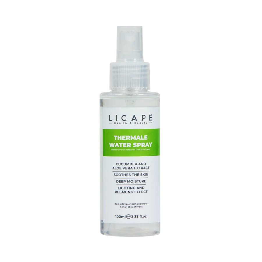 LICAPE thermal water spray with cucumber and aloe vera, 100ml, in a clear spray bottle.