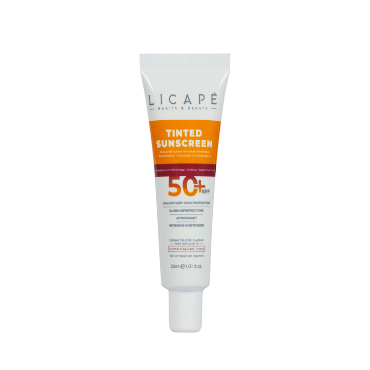 LICAPE tinted sunscreen SPF 50+, 30ml, in a white squeeze tube with orange label.