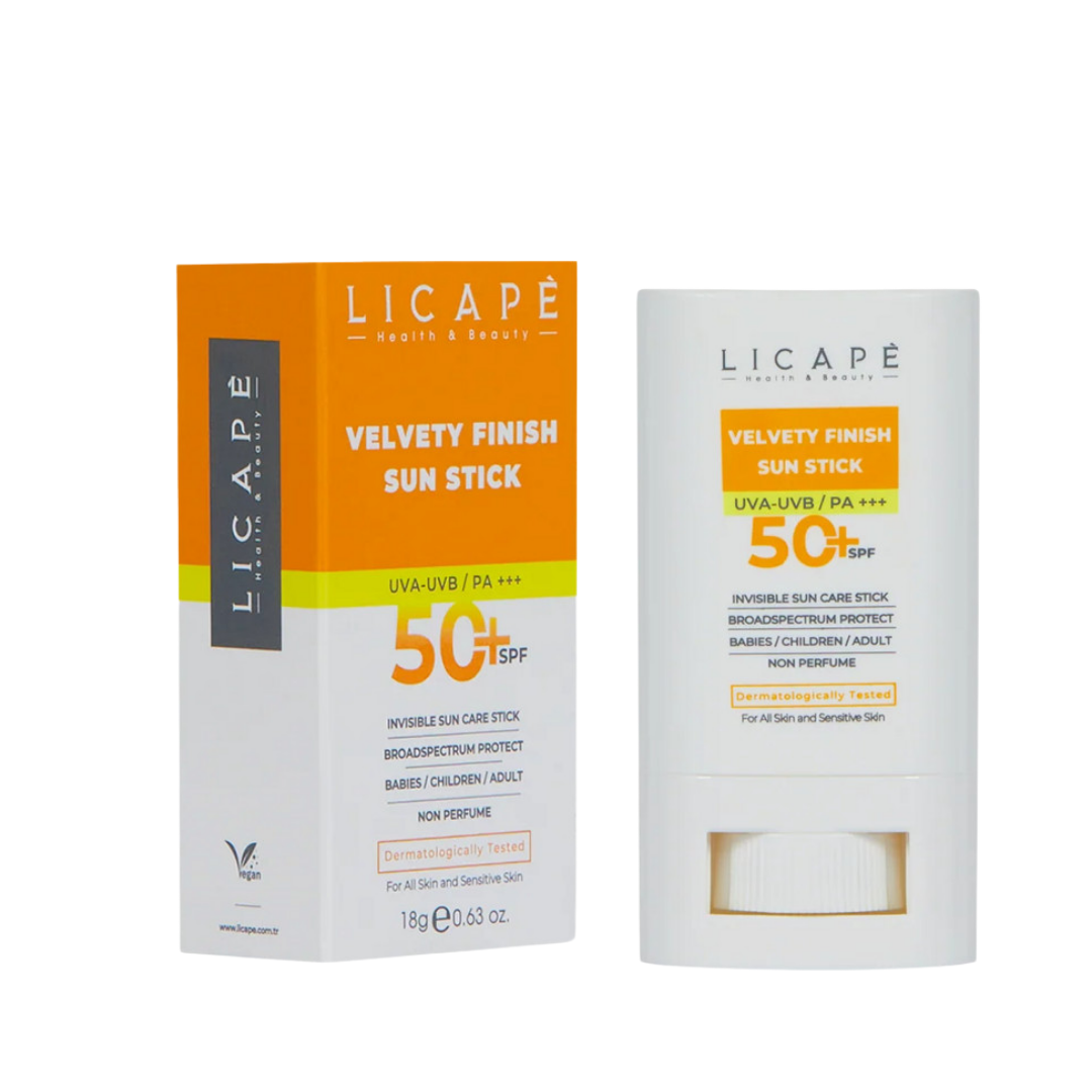 LICAPE Velvety Finish Sun Stick SPF 50+, 18g, with white rectangular container and orange packaging box.