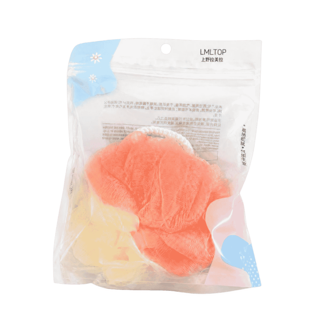 LMLTOP Bath Ball shower loofah, mesh bath sponge in transparent packaging with pink and yellow colors.