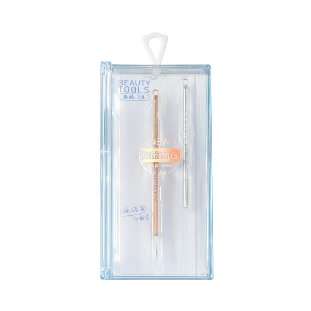 Beauty Tools facial extraction tool set with two metal comedone extractors in clear case