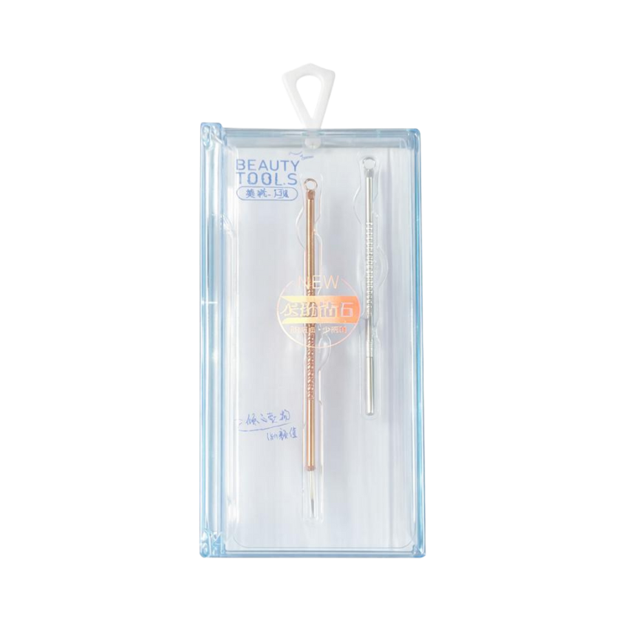 Beauty Tools facial extraction tool set with two metal comedone extractors in clear case