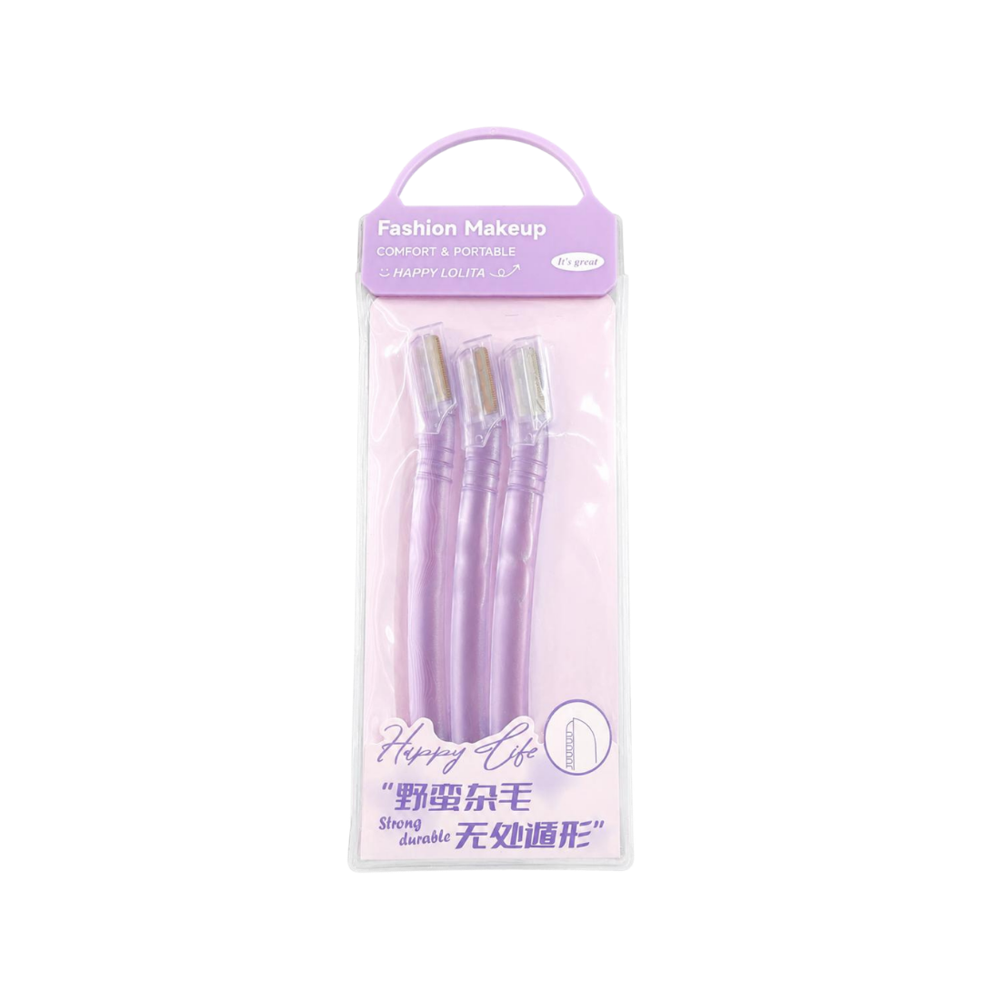 LMLTOP Happy Lolita purple facial razors set with three eyebrow shavers in clear handled pouch