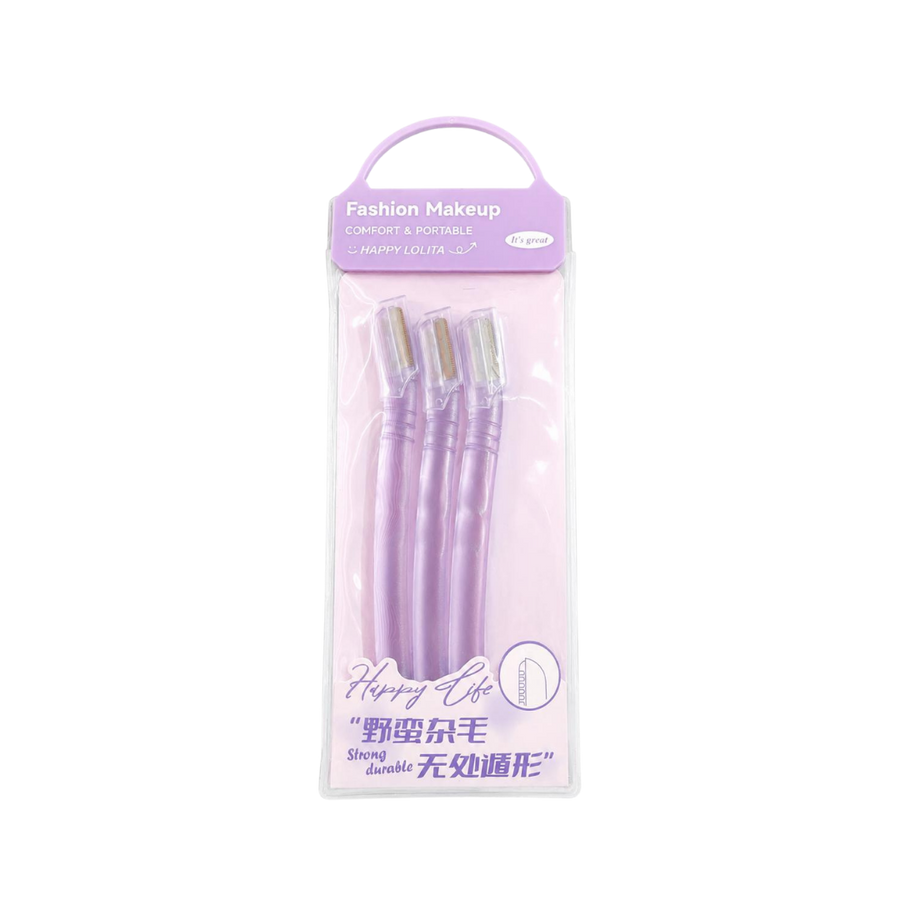 LMLTOP Happy Lolita purple facial razors set with three eyebrow shavers in clear handled pouch