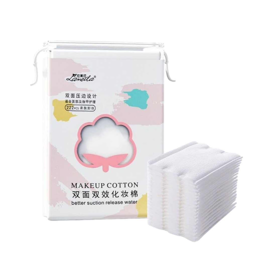 Lanella makeup cotton pads, 222 pieces, white rectangular pads in clear plastic storage box
