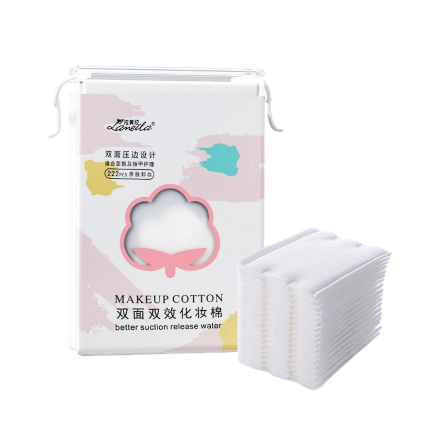 Lanella makeup cotton pads, 222 pieces, white rectangular pads in clear plastic storage box
