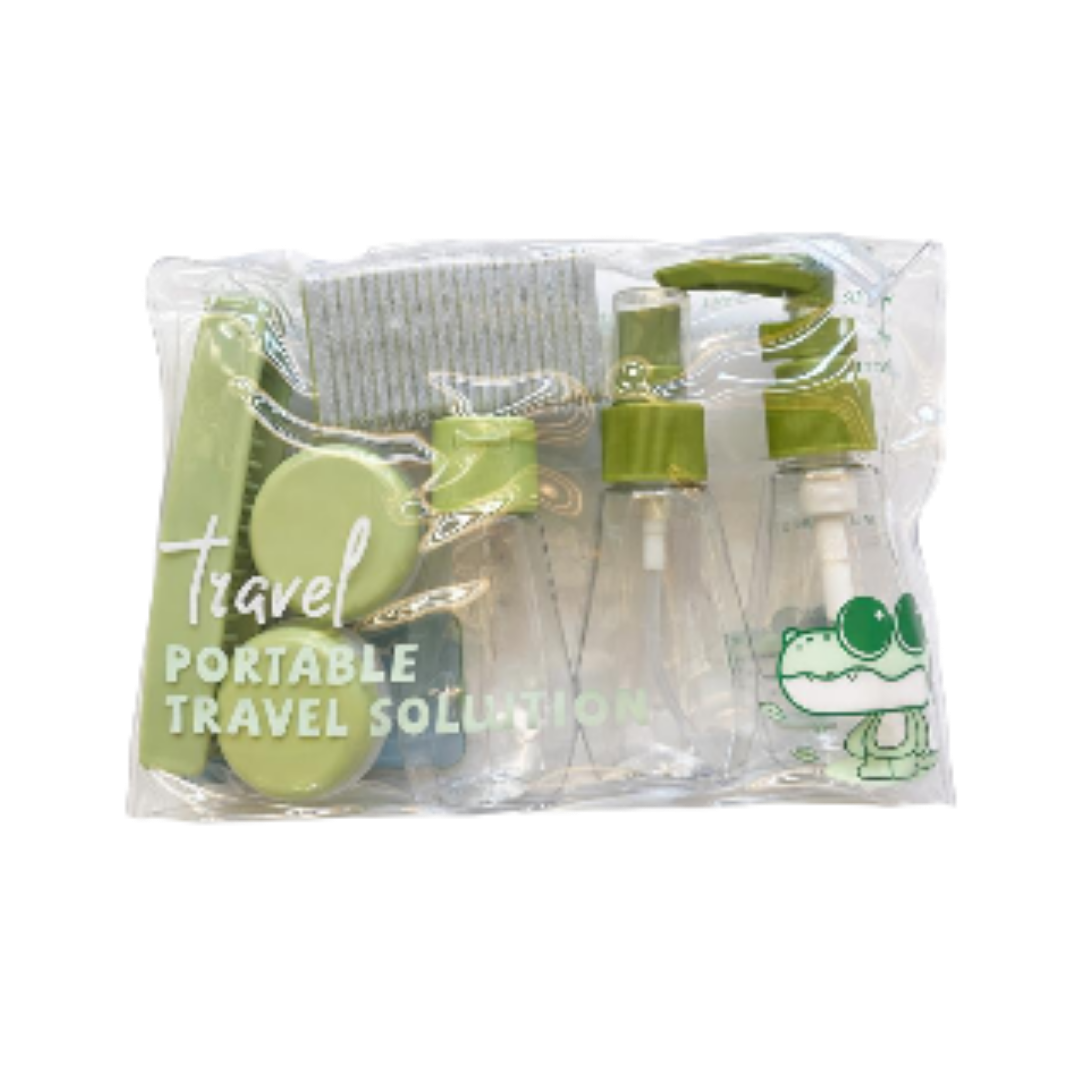 LMLTOP skincare travel kit with clear bottles, green caps, mini containers, transparent zip pouch included
