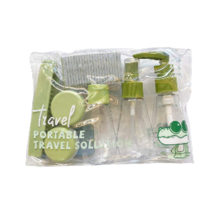 LMLTOP skincare travel kit with clear bottles, green caps, mini containers, transparent zip pouch included

