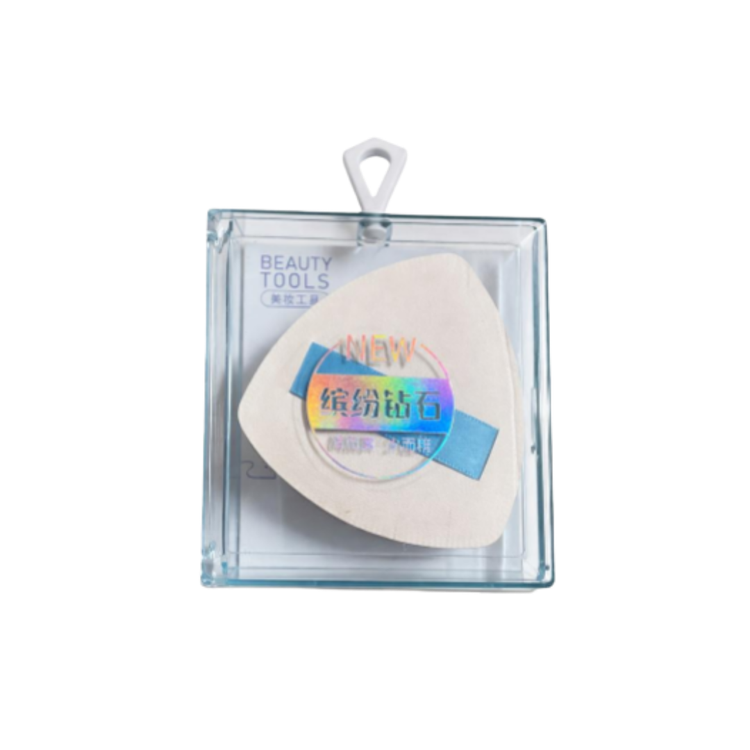 Beauty Tools makeup sponge in a clear box with a blue strap for easy handling.