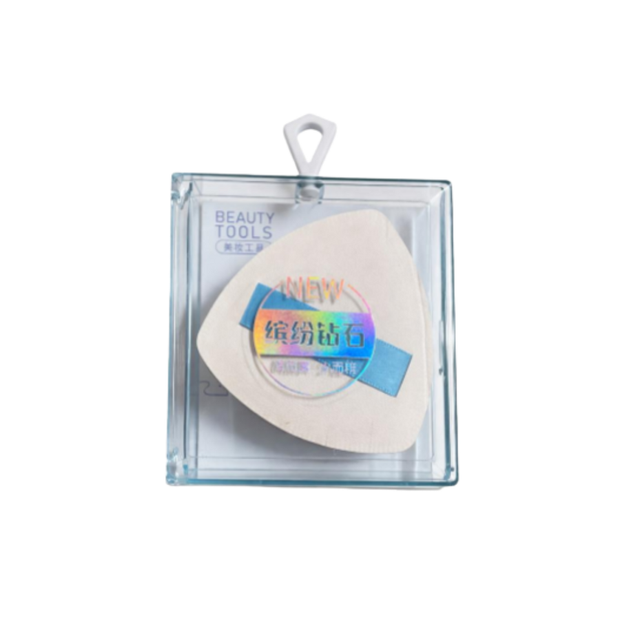Beauty Tools makeup sponge in a clear box with a blue strap for easy handling.