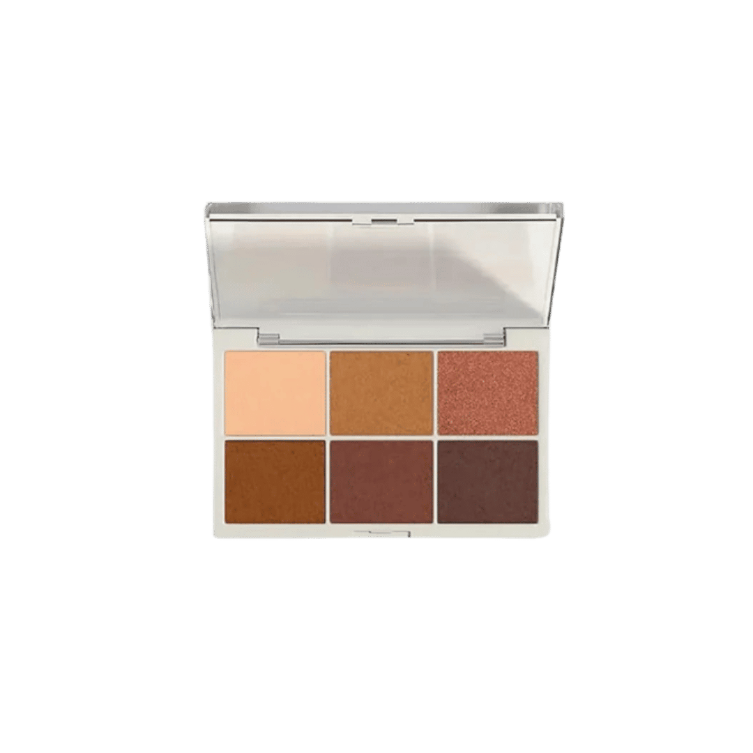 Six-shade makeup palette in white compact with clear lid, featuring warm nude and brown pans