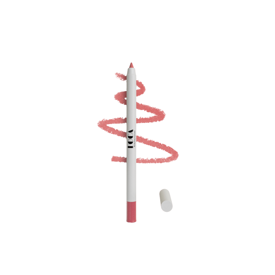 LOCA lip liner pencil, white barrel with pink tip, cap, and spiral pink swatch