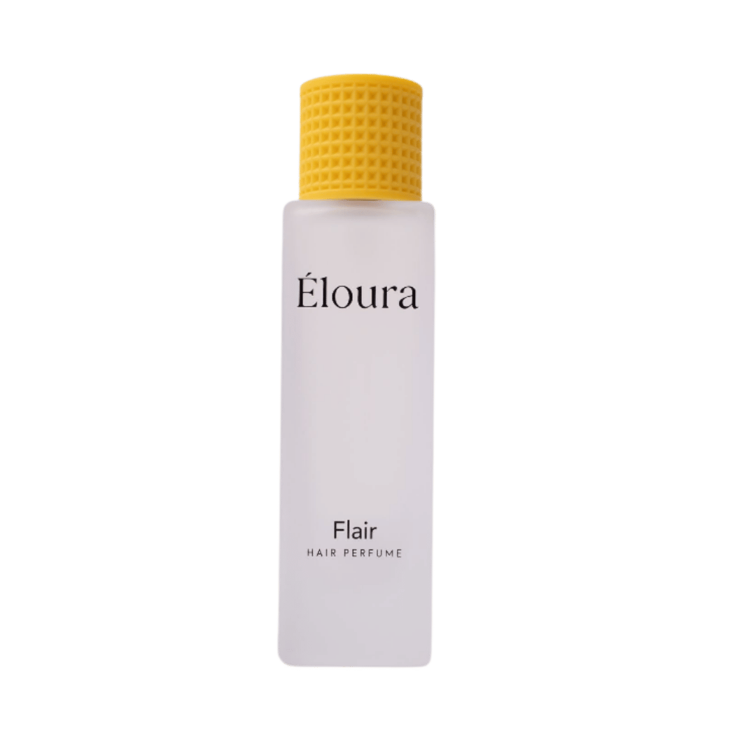 Éloura Flair Hair Perfume 50ml in white rectangular bottle with textured yellow cap.