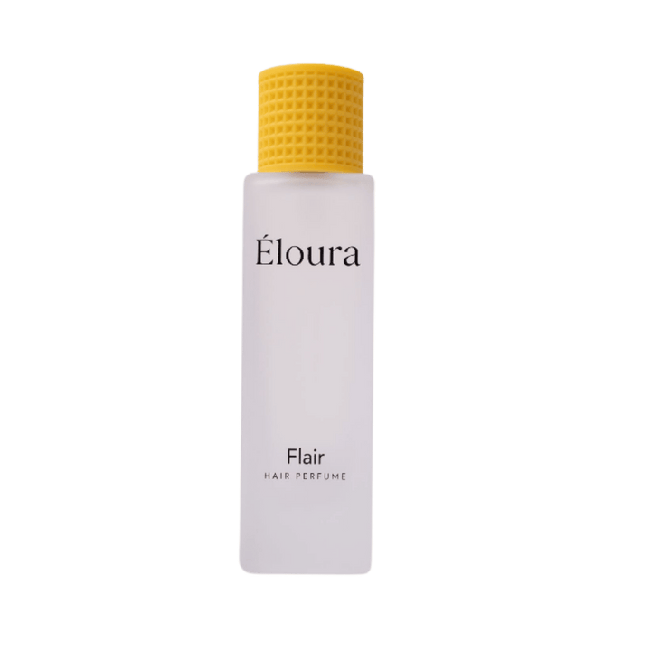 Éloura Flair Hair Perfume 50ml in white rectangular bottle with textured yellow cap.