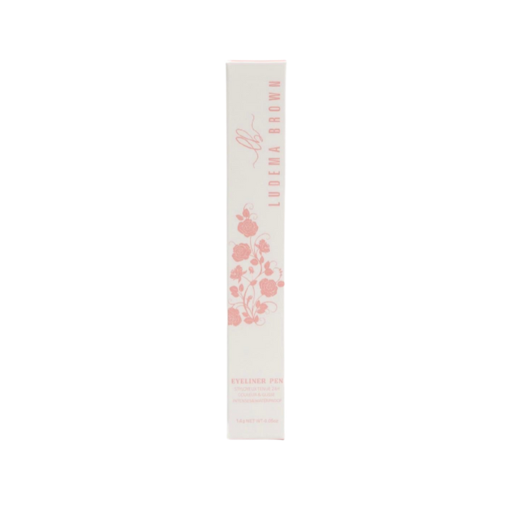Ludema Brown Eyeliner Pen in white box with pink floral design, 1.4 g.