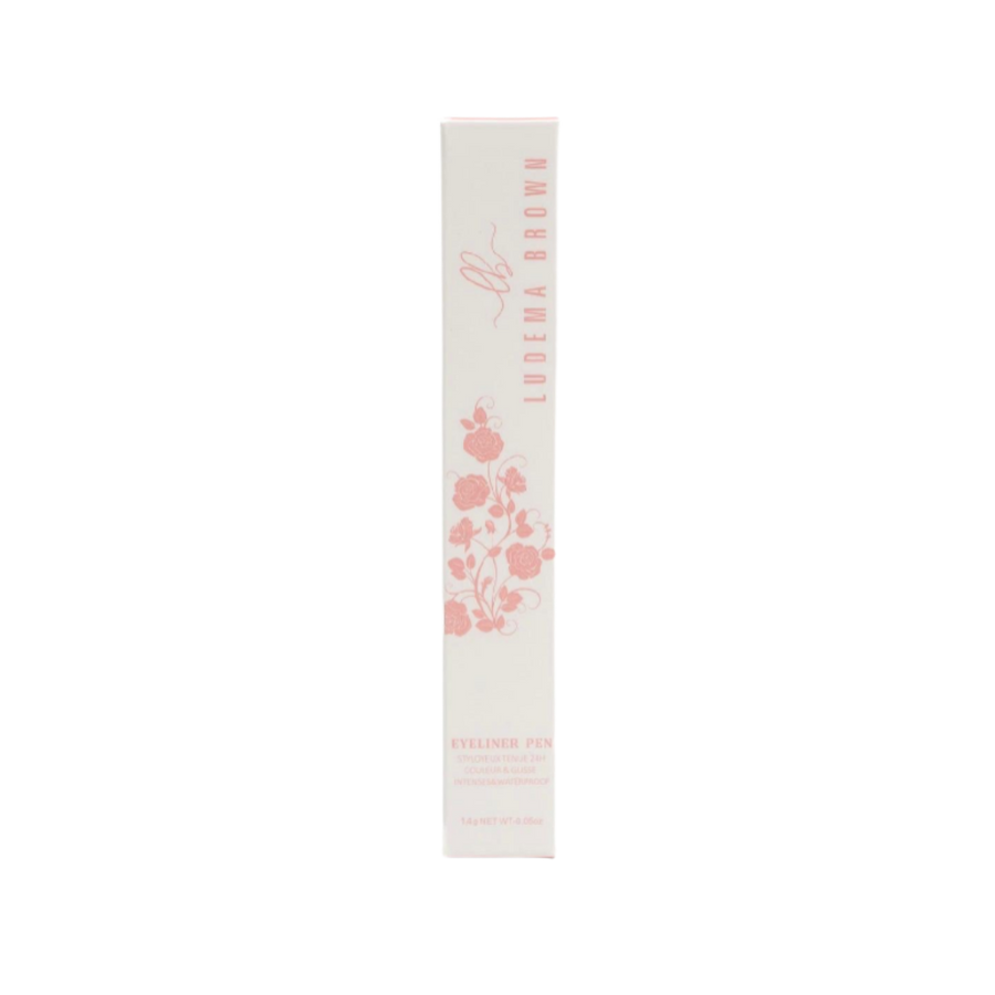 Ludema Brown Eyeliner Pen in white box with pink floral design, 1.4 g.
