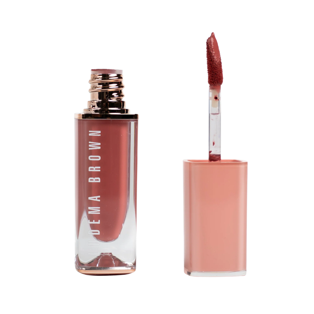 LUDEMA BROWN Liquid Lipstick 5ml, brown shade, clear tube, peach cap, doe-foot applicator
