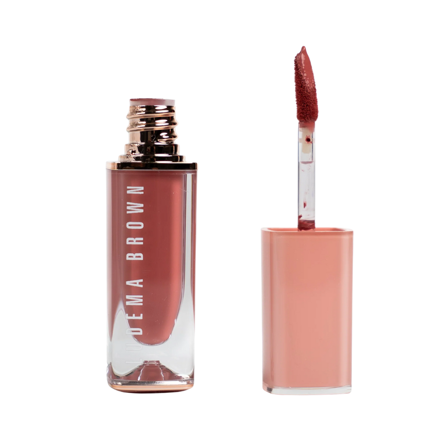 LUDEMA BROWN Liquid Lipstick 5ml, brown shade, clear tube, peach cap, doe-foot applicator
